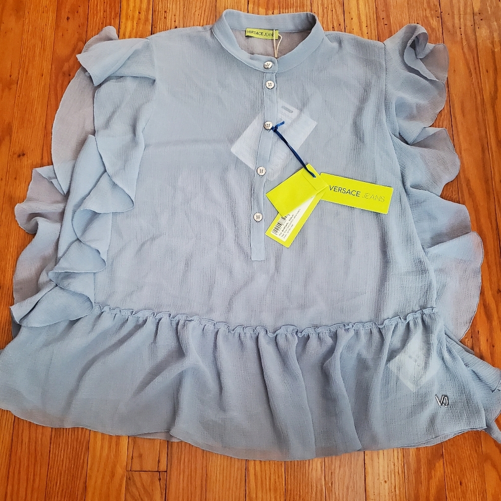 Versace Light Blue Ruffle Blouse womens sz 10 NEW AUTHENTIC